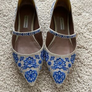 Tabitha Simmons Blue Floral Embroidered Women's Shoes 37 Mary Jane